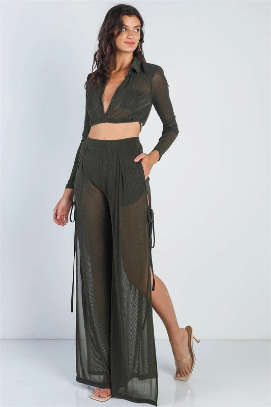Olive Lurex Shoulder Pad Long Sleeve Collared Top & High Waist Side Slits Self-Tie Detail Pants Set /2-2-2 - Tasha Apparel Wholesale