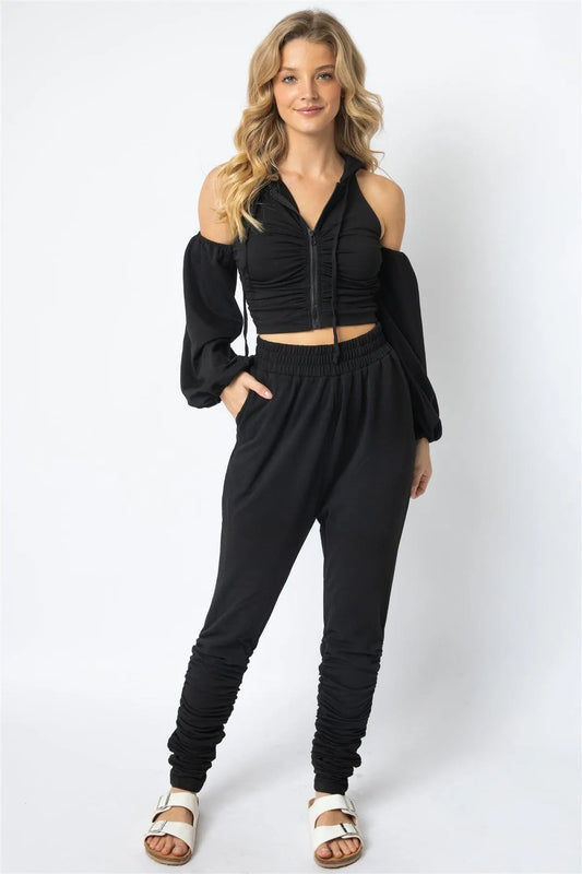 Black Off-The-Shoulder Zip-Up Hooded Crop Top & High Waist Ruched Detail Jogging Pants Set /2-2-2 - Tasha Apparel Wholesale