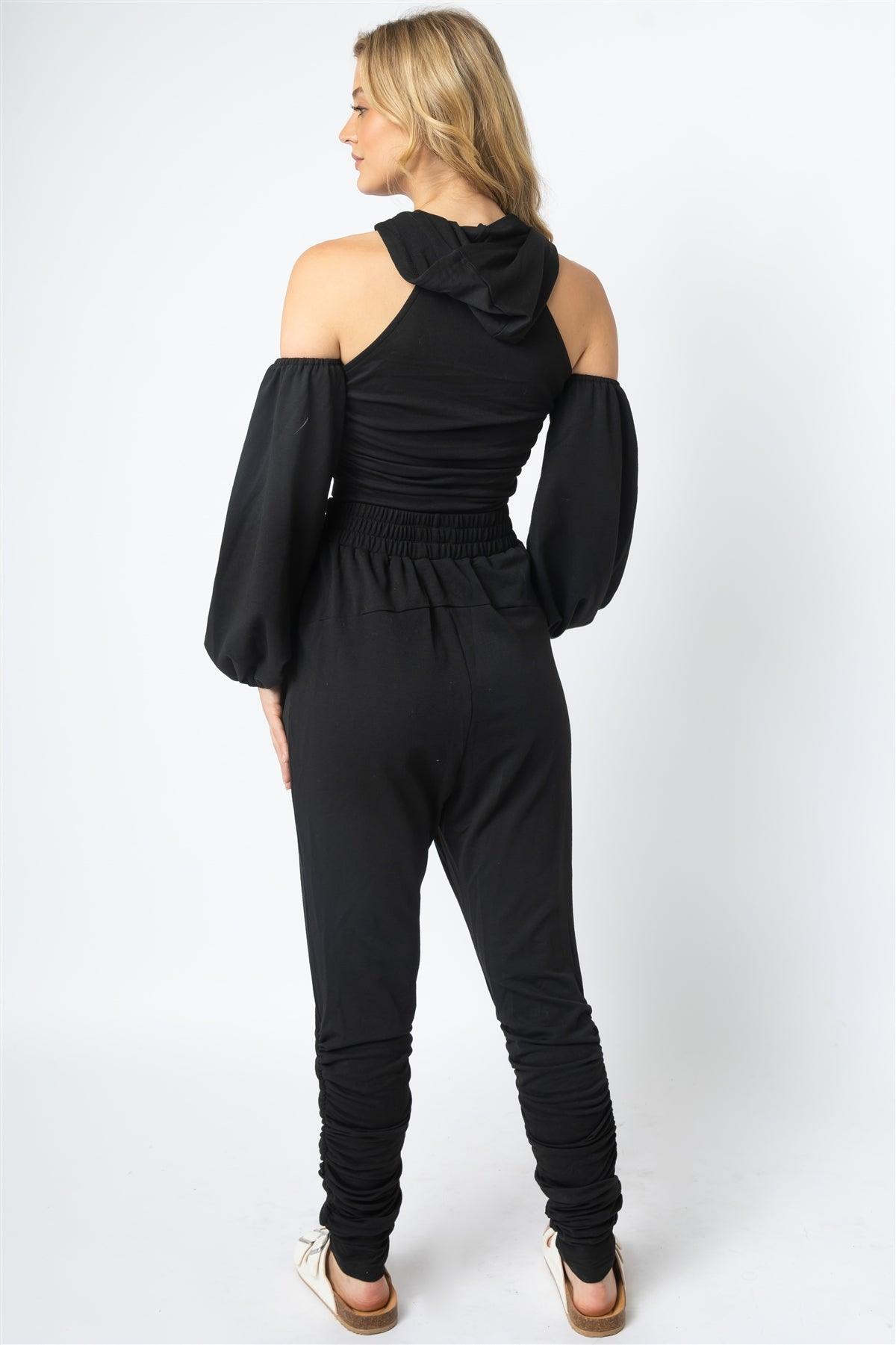 Black Off-The-Shoulder Zip-Up Hooded Crop Top & High Waist Ruched Detail Jogging Pants Set /2-2-2