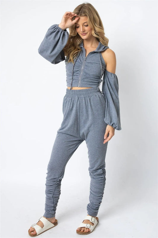 Grey Off-The-Shoulder Zip-Up Hooded Crop Top & High Waist Ruched Detail Jogging Pants Set /2-2-2 - Tasha Apparel Wholesale
