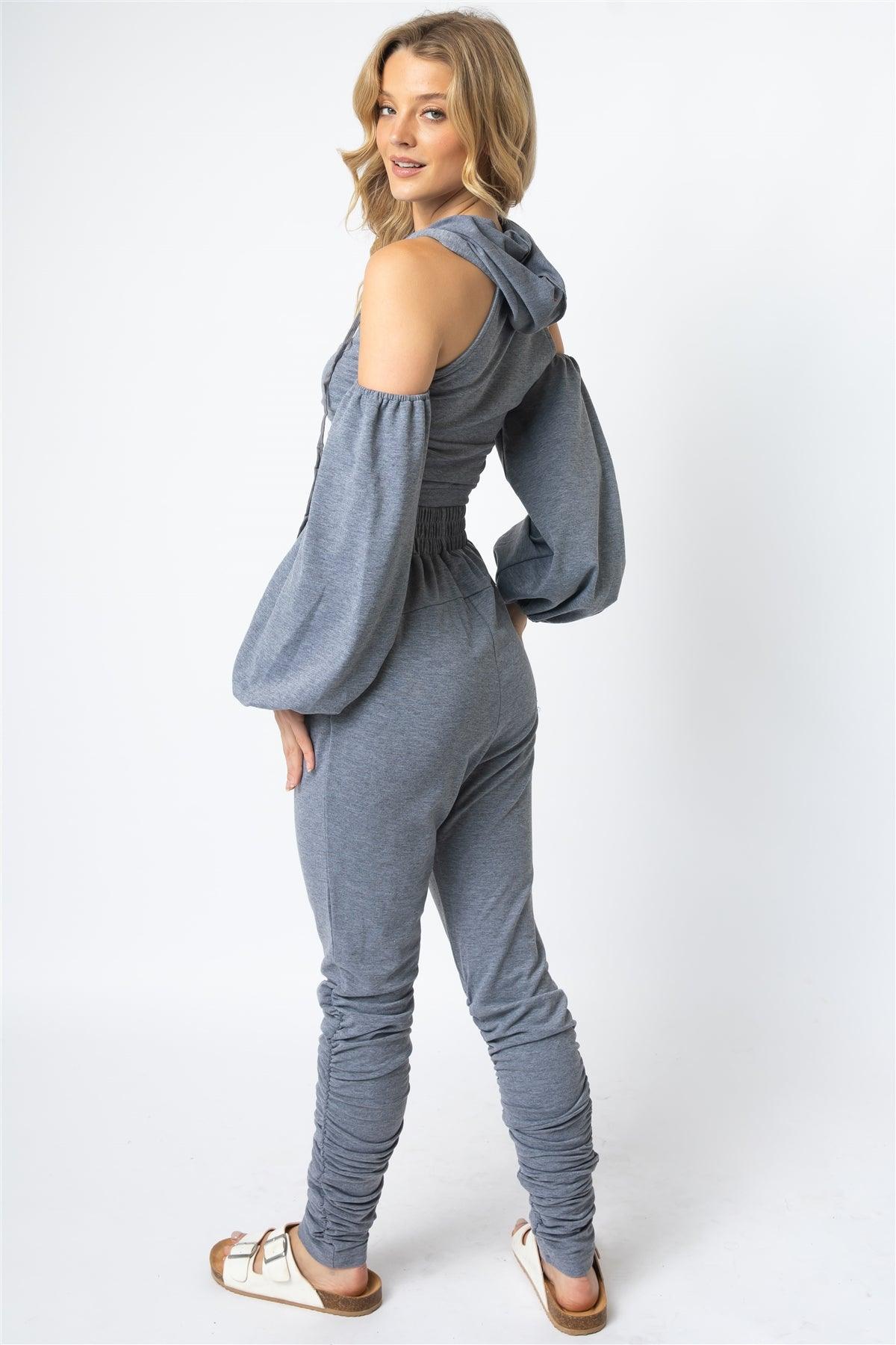 Grey Off-The-Shoulder Zip-Up Hooded Crop Top & High Waist Ruched Detail Jogging Pants Set /2-2-2