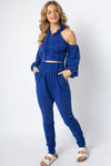 Royal Off-The-Shoulder Zip-Up Hooded Crop Top & High Waist Ruched Detail Jogging Pants Set /2-2-2 - Tasha Apparel Wholesale
