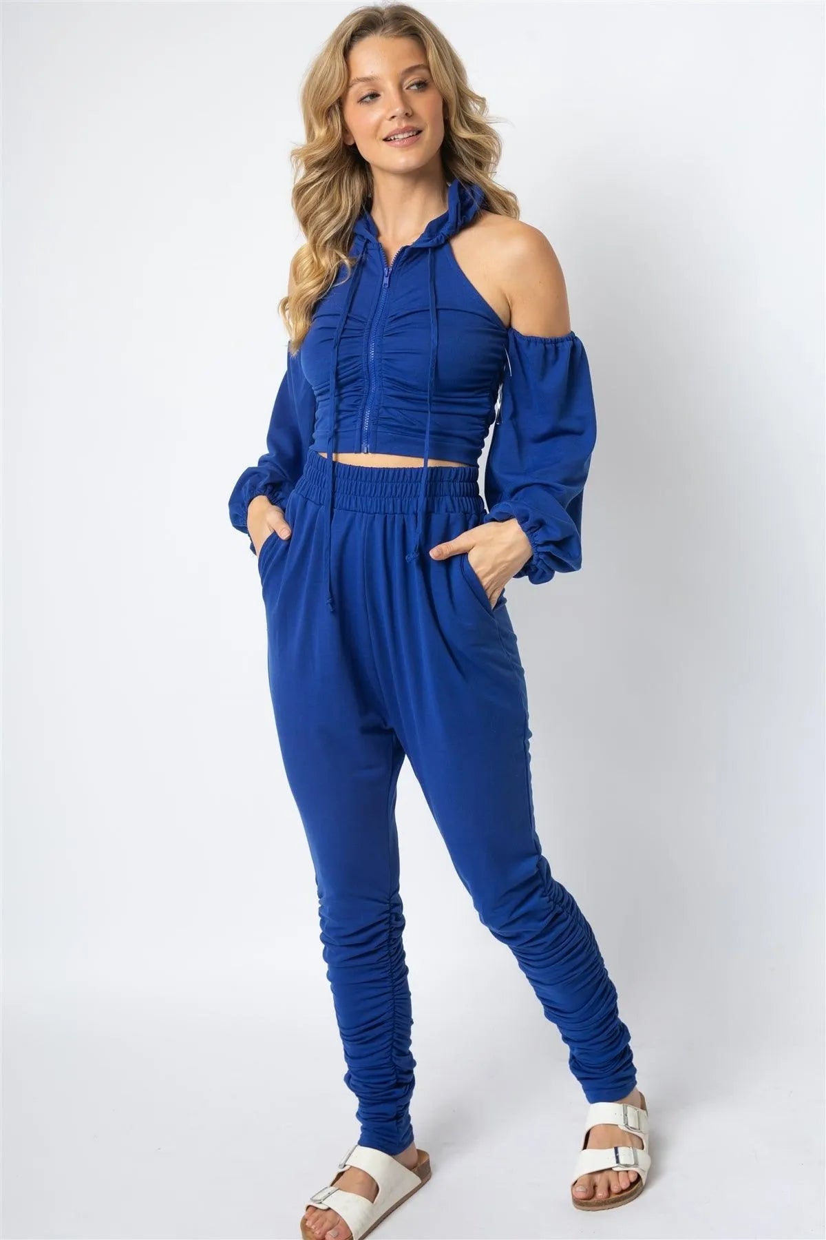 Royal Off-The-Shoulder Zip-Up Hooded Crop Top & High Waist Ruched Detail Jogging Pants Set /2-2-2 - Tasha Apparel Wholesale