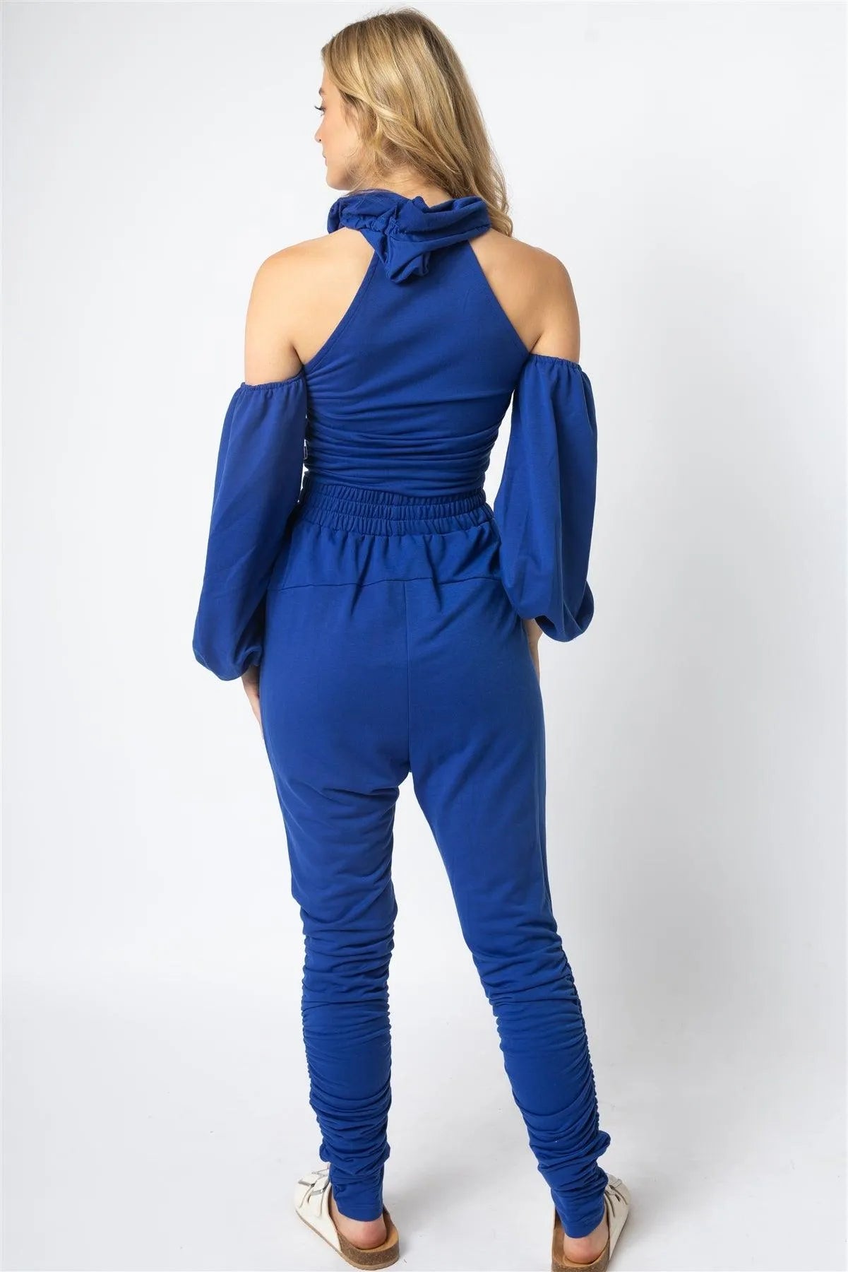 Royal Off-The-Shoulder Zip-Up Hooded Crop Top & High Waist Ruched Detail Jogging Pants Set /2-2-2 - Tasha Apparel Wholesale