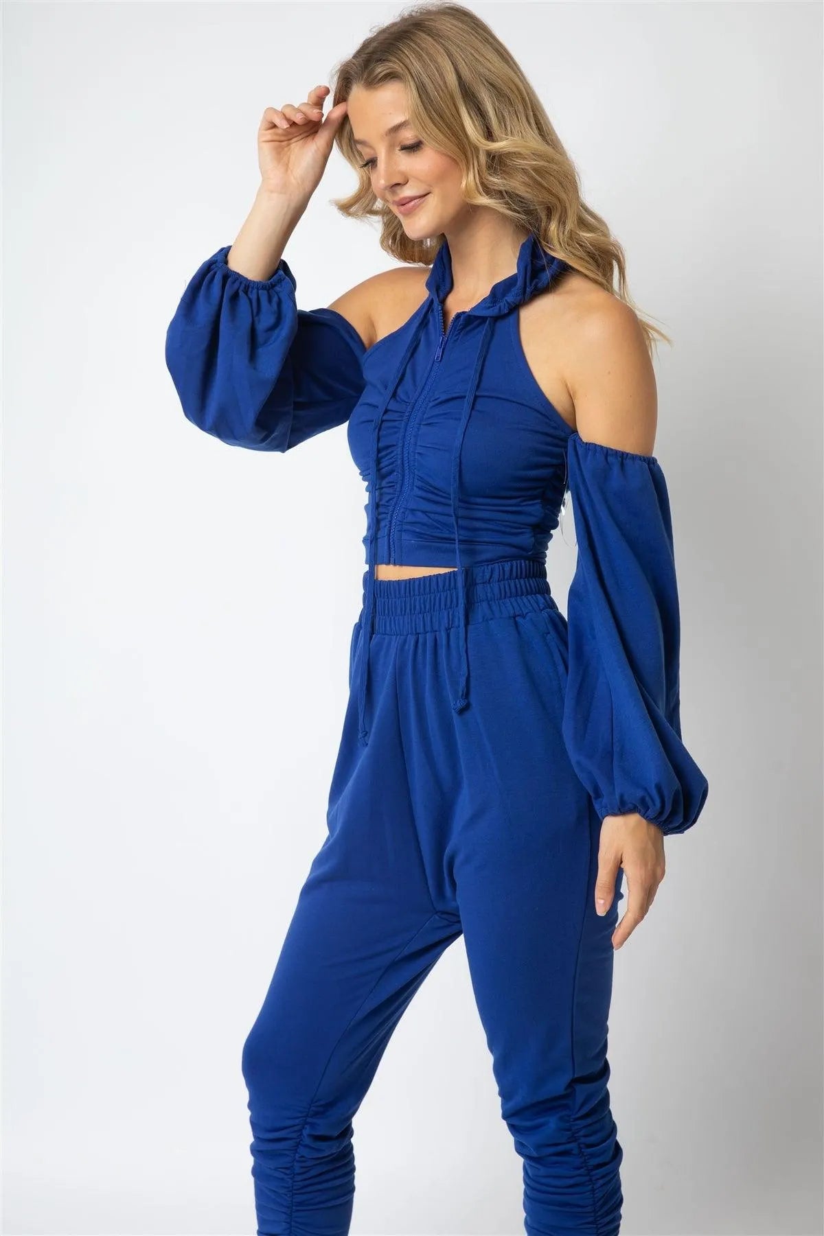 Royal Off-The-Shoulder Zip-Up Hooded Crop Top & High Waist Ruched Detail Jogging Pants Set /2-2-2 - Tasha Apparel Wholesale