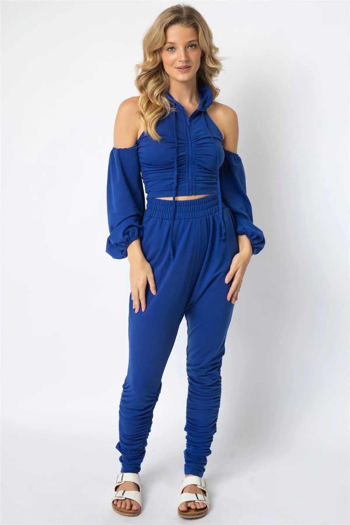 Royal Off-The-Shoulder Zip-Up Hooded Crop Top & High Waist Ruched Detail Jogging Pants Set /2-2-2 - Tasha Apparel Wholesale