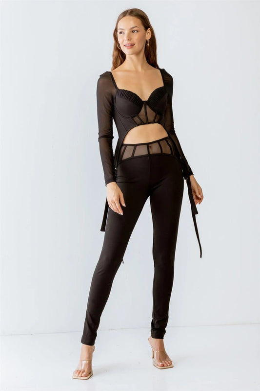 Black Rushed Bust Corset Mesh Long Sleeve Crop Top & High Waist Slim Fit Corset Detail Pants Set S-M-L/2-2-2 - Tasha Apparel Wholesale
