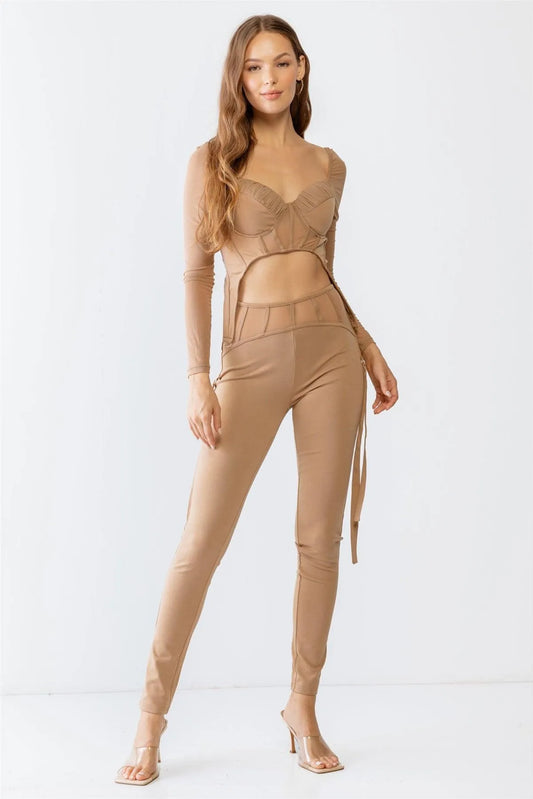 Mocha Rushed Bust Corset Mesh Long Sleeve Crop Top & High Waist Slim Fit Corset Detail Pants Set S-M-L/2-2-2 - Tasha Apparel Wholesale
