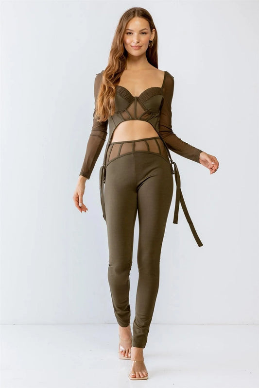 Olive Rushed Bust Corset Mesh Long Sleeve Crop Top & High Waist Slim Fit Corset Detail Pants Set S-M-L/2-2-2 - Tasha Apparel Wholesale