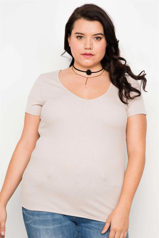 Plus Size Taupe Cut Out Short Sleeve Knit Top /1-1-1 - Tasha Apparel Wholesale