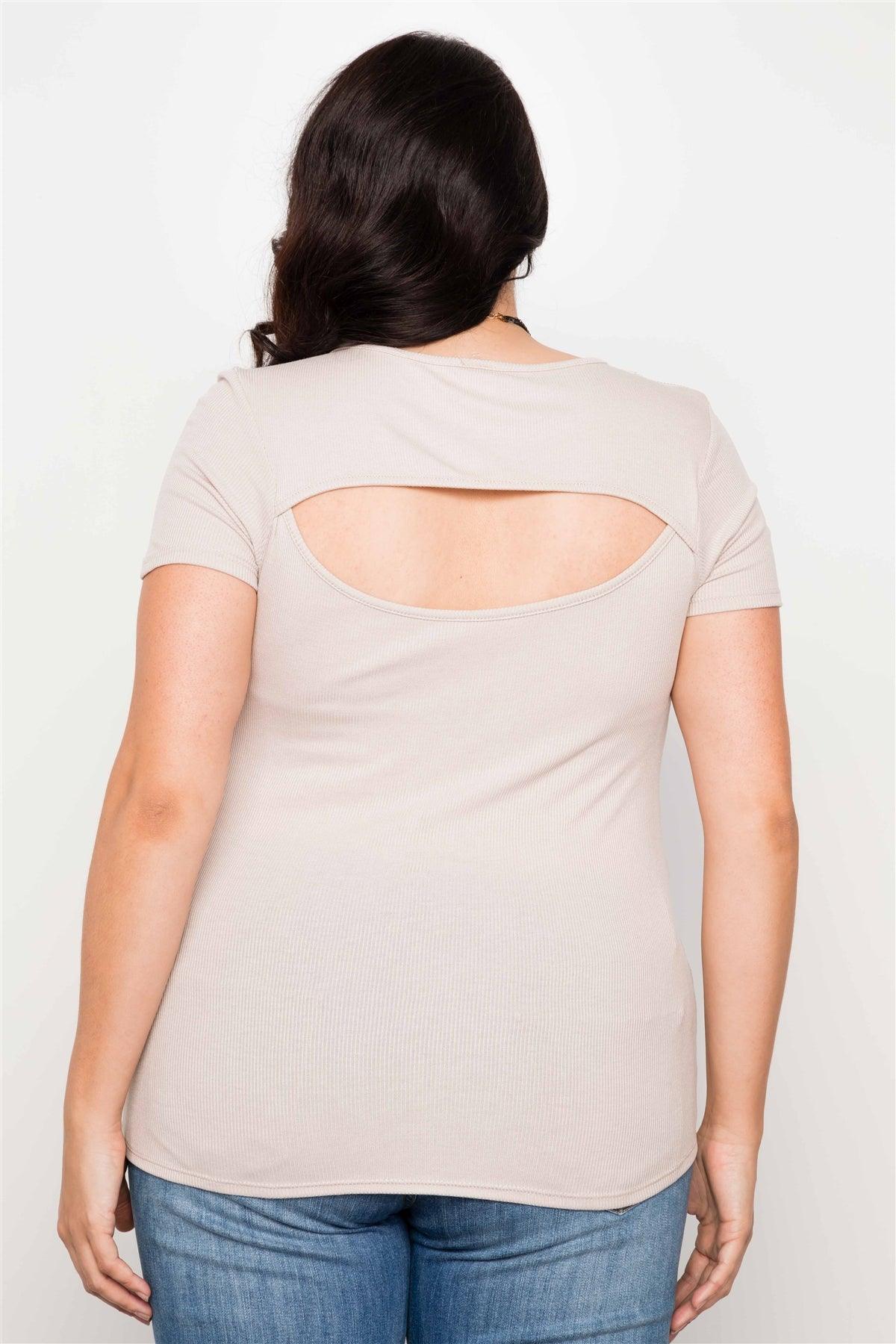 Plus Size Taupe Cut Out Short Sleeve Knit Top /1-1-1