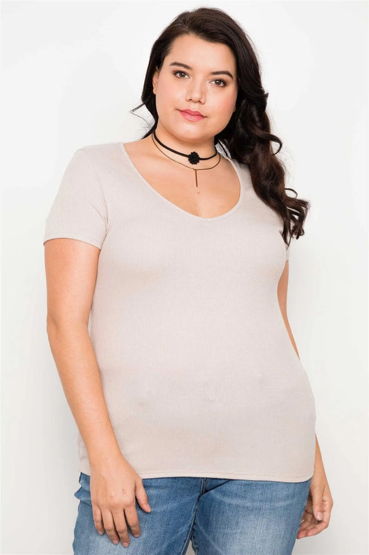 Junior Plus Size Taupe Cut Out Short Sleeve Knit Top /2-2-2 - Tasha Apparel Wholesale
