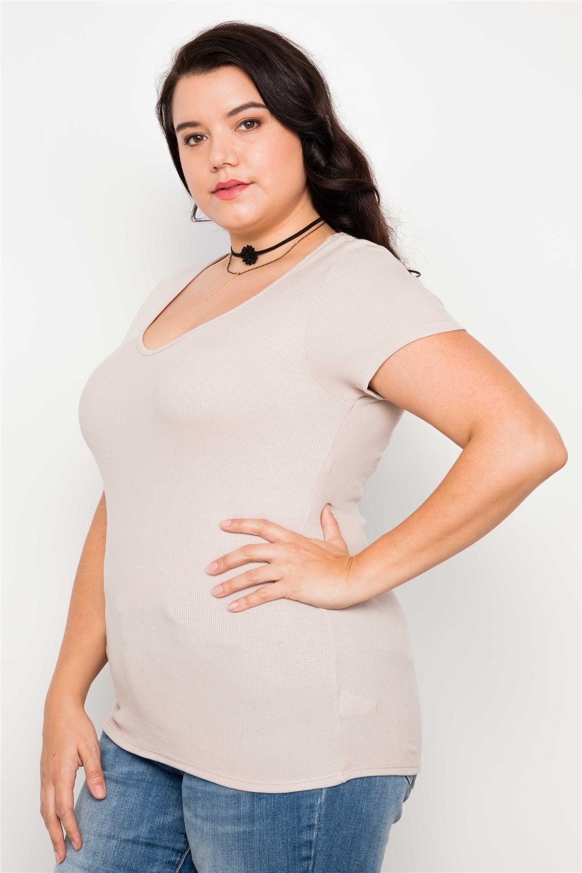 Junior Plus Size Taupe Cut Out Short Sleeve Knit Top /2-2-2