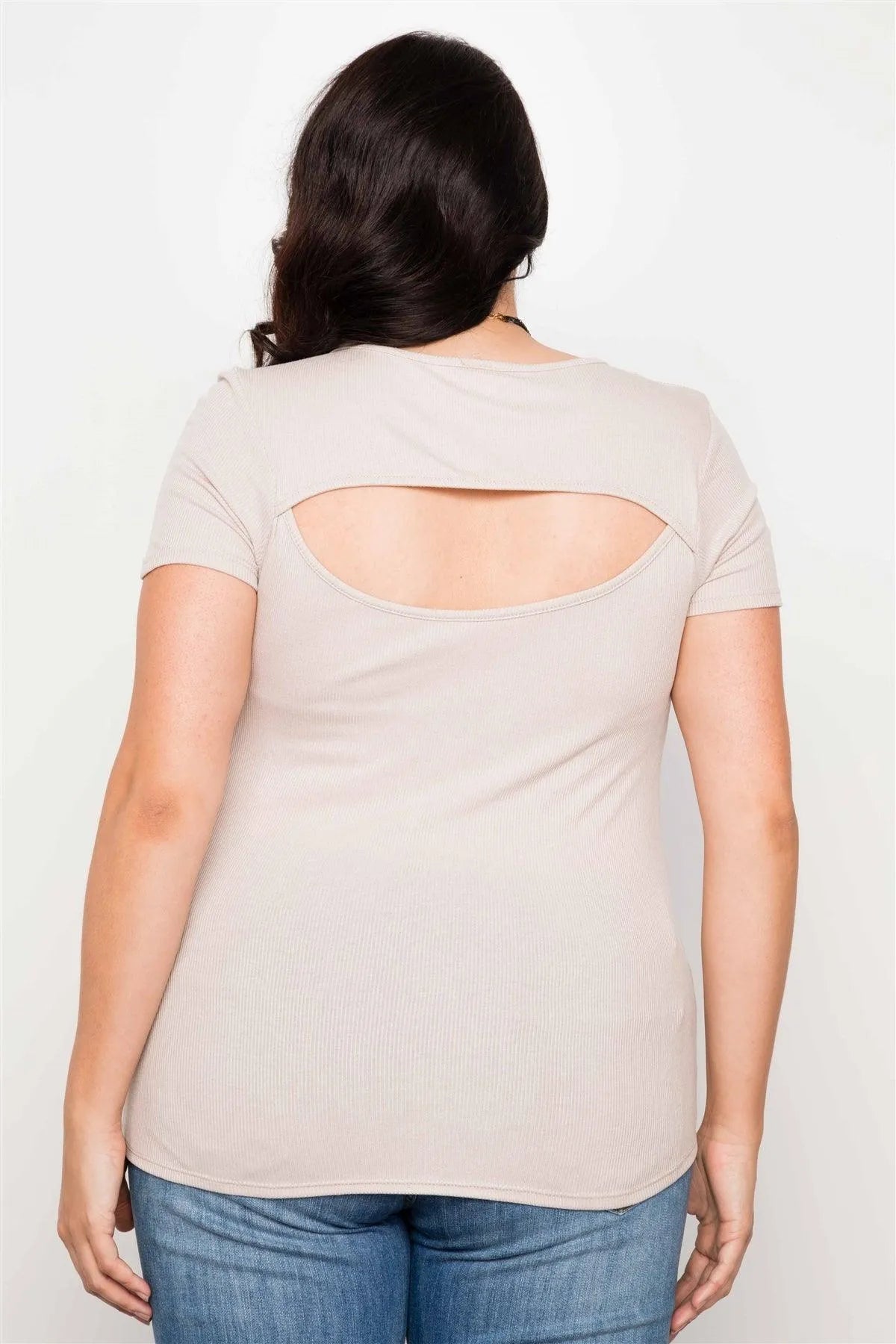 Junior Plus Size Taupe Cut Out Short Sleeve Knit Top /2-2-2 - Tasha Apparel Wholesale