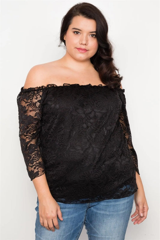Plus Size Black Lace Off The Shoulder Top /1-2-2 - Tasha Apparel Wholesale