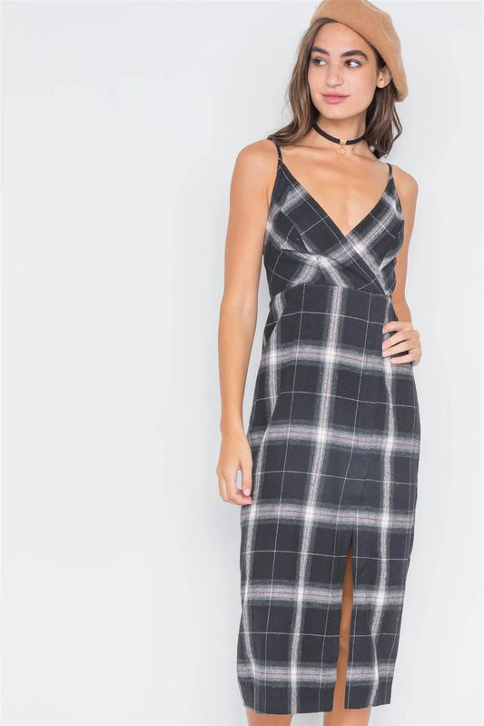 Black Plaid Cami Straps Front Slit Midi Dress /3-2-1 - Tasha Apparel Wholesale