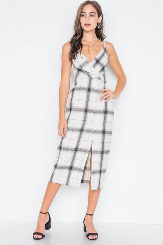 Ivory Plaid Cami Straps Front Slit Midi Dress /3-2-1 - Tasha Apparel Wholesale