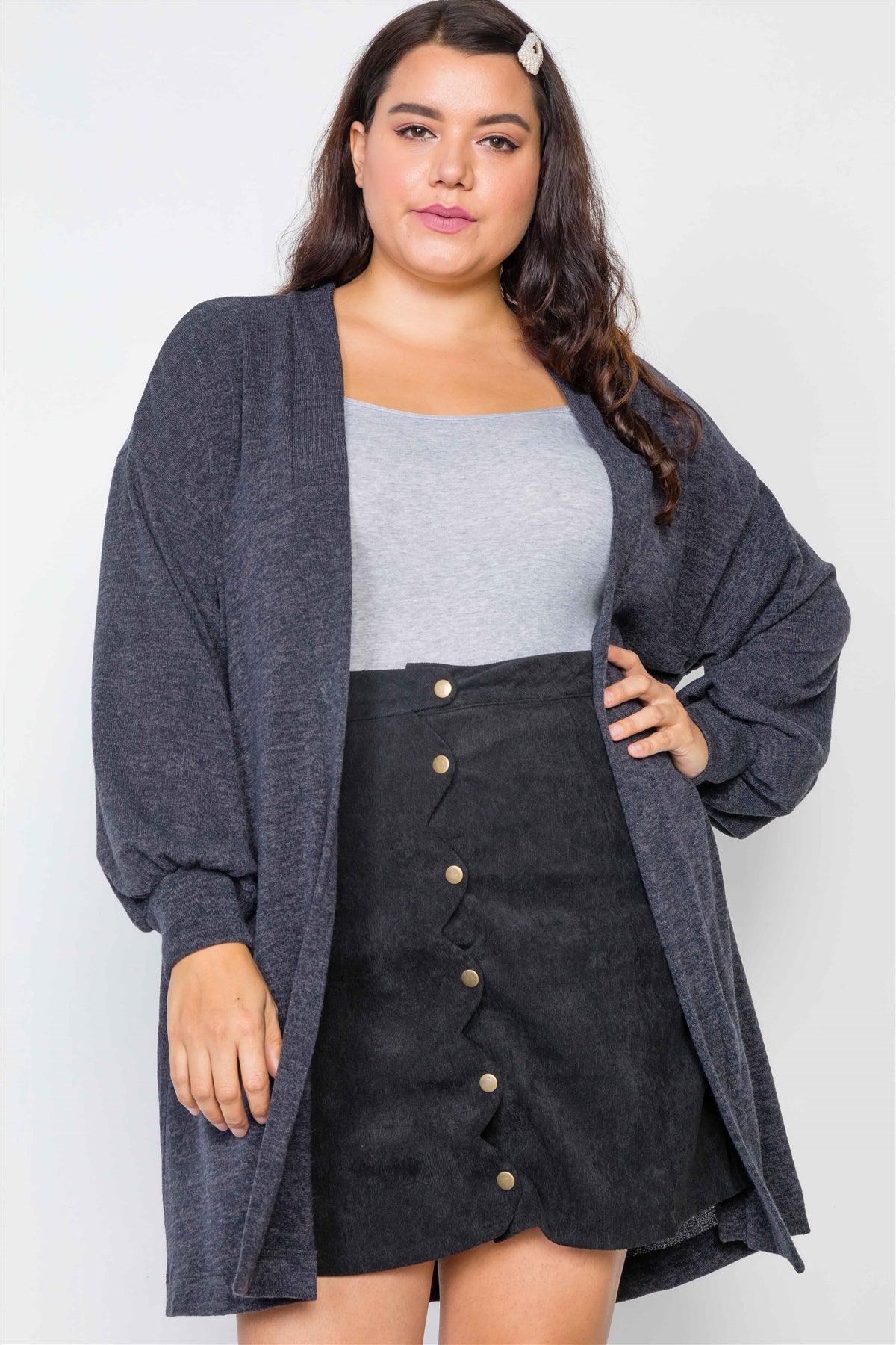 Plus Size Charcoal Open Front Marled Cardigan /2-2-2