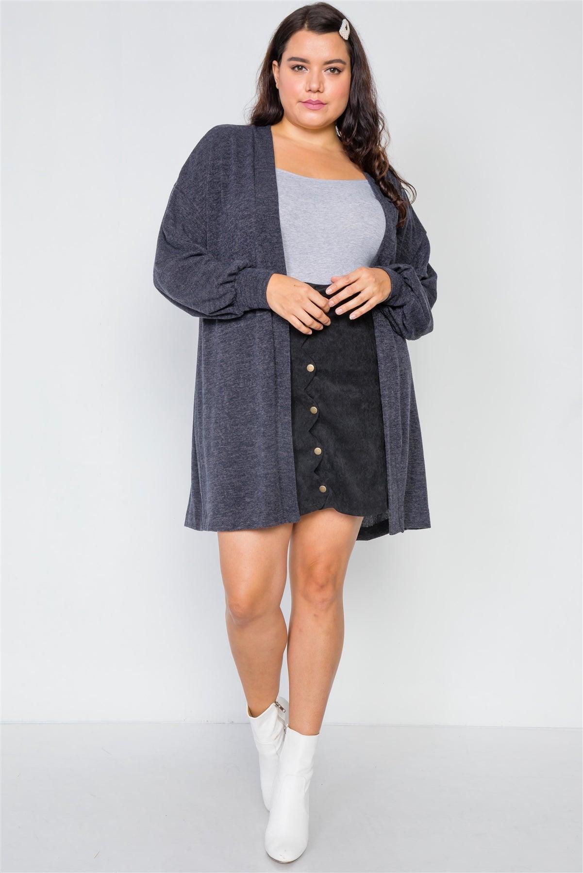 Plus Size Charcoal Open Front Marled Cardigan /2-2-2