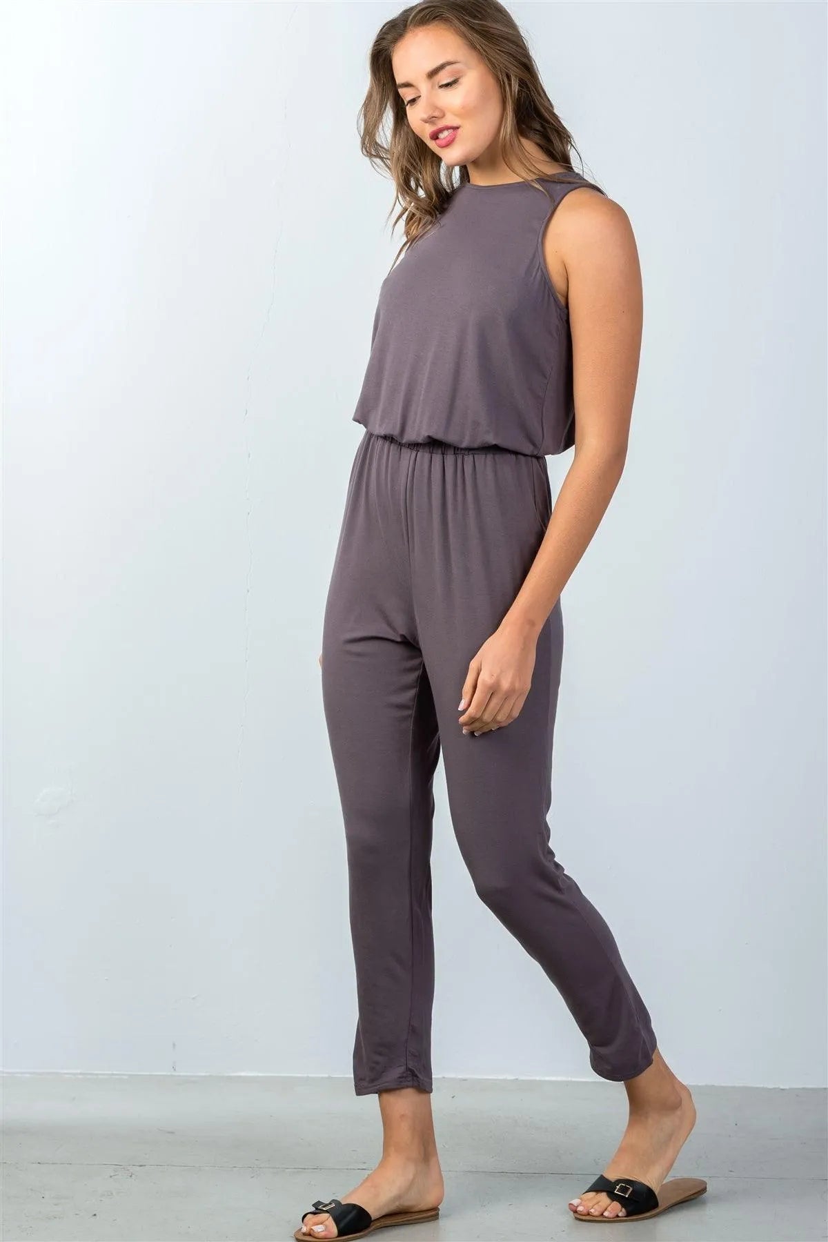 Charcoal Sleeveless Back Cut Out Jumpsuit - Tasha Apparel Wholesale
