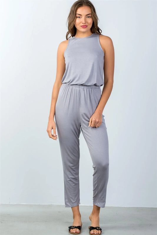 Grey Sleeveless Back Cut Out Jumpsuit - Tasha Apparel Wholesale