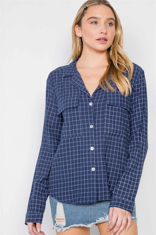 Navy Plaid Button Down Long Sleeve Top /2-2-2 - Tasha Apparel Wholesale