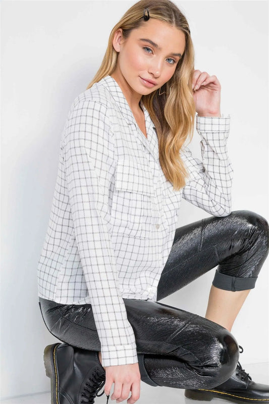 White Plaid Button Down Long Sleeve Top /2-2-2 - Tasha Apparel Wholesale