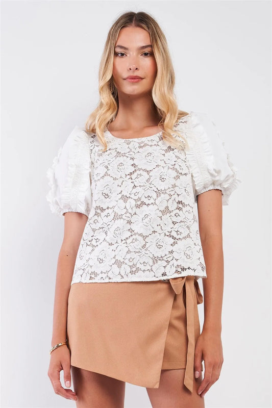White & Nude Floral Crochet Ruffle Trim Puff Sleeve Top /2-2-2 - Tasha Apparel Wholesale