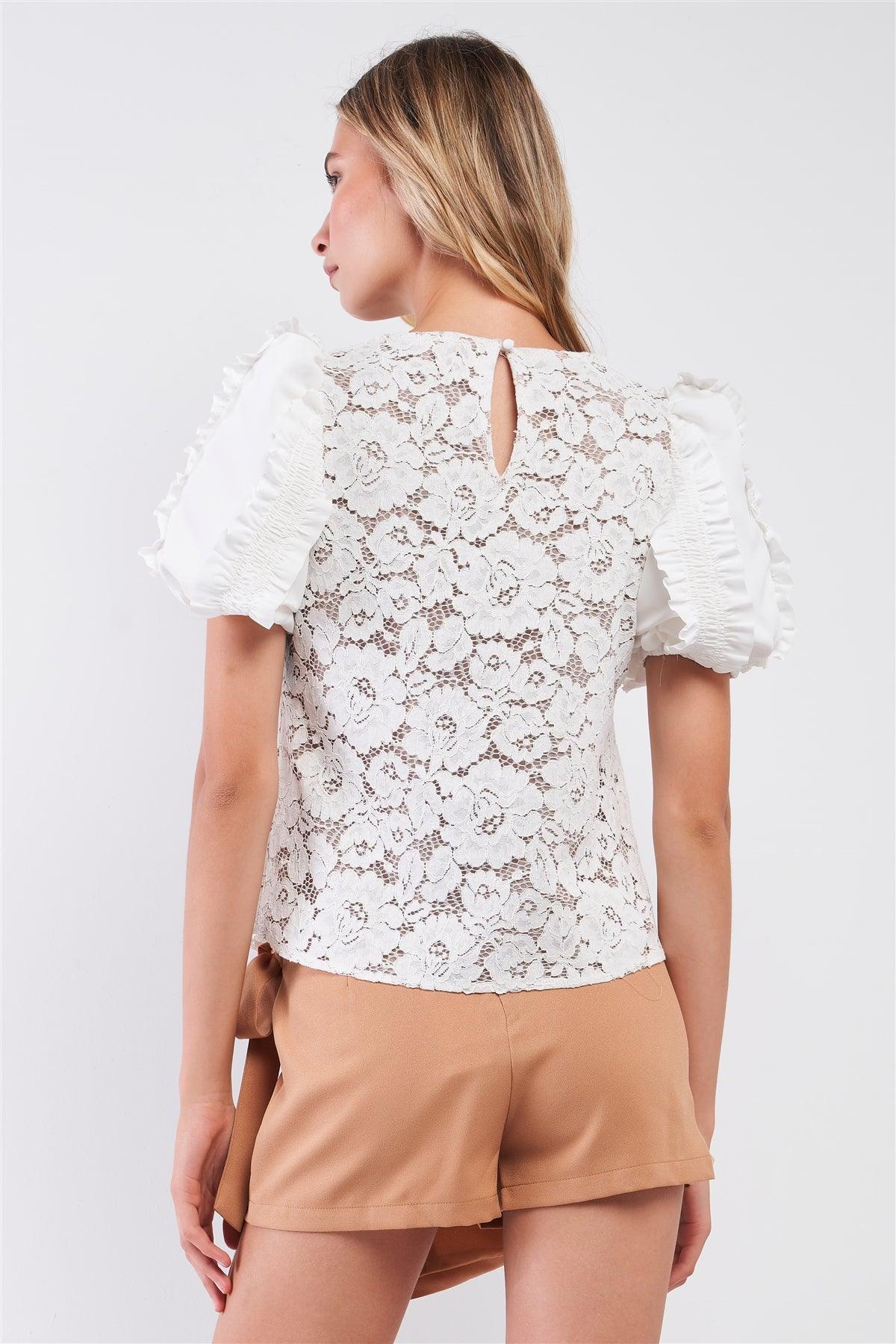 White & Nude Floral Crochet Ruffle Trim Puff Sleeve Top /2-2-2