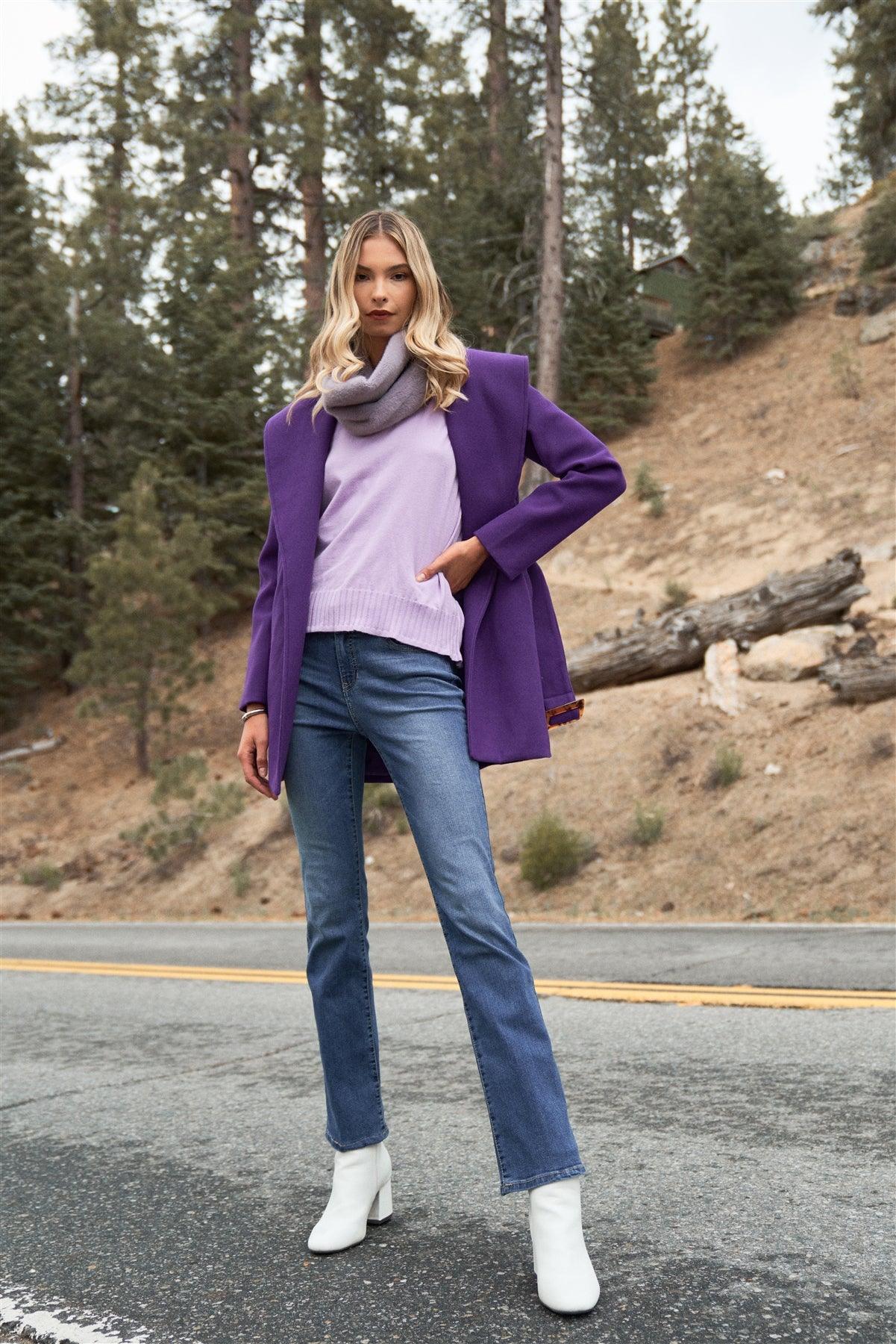Purple Oversized Collar Long Sleeve Self-Belt Buckles Short Coat /2-2-2