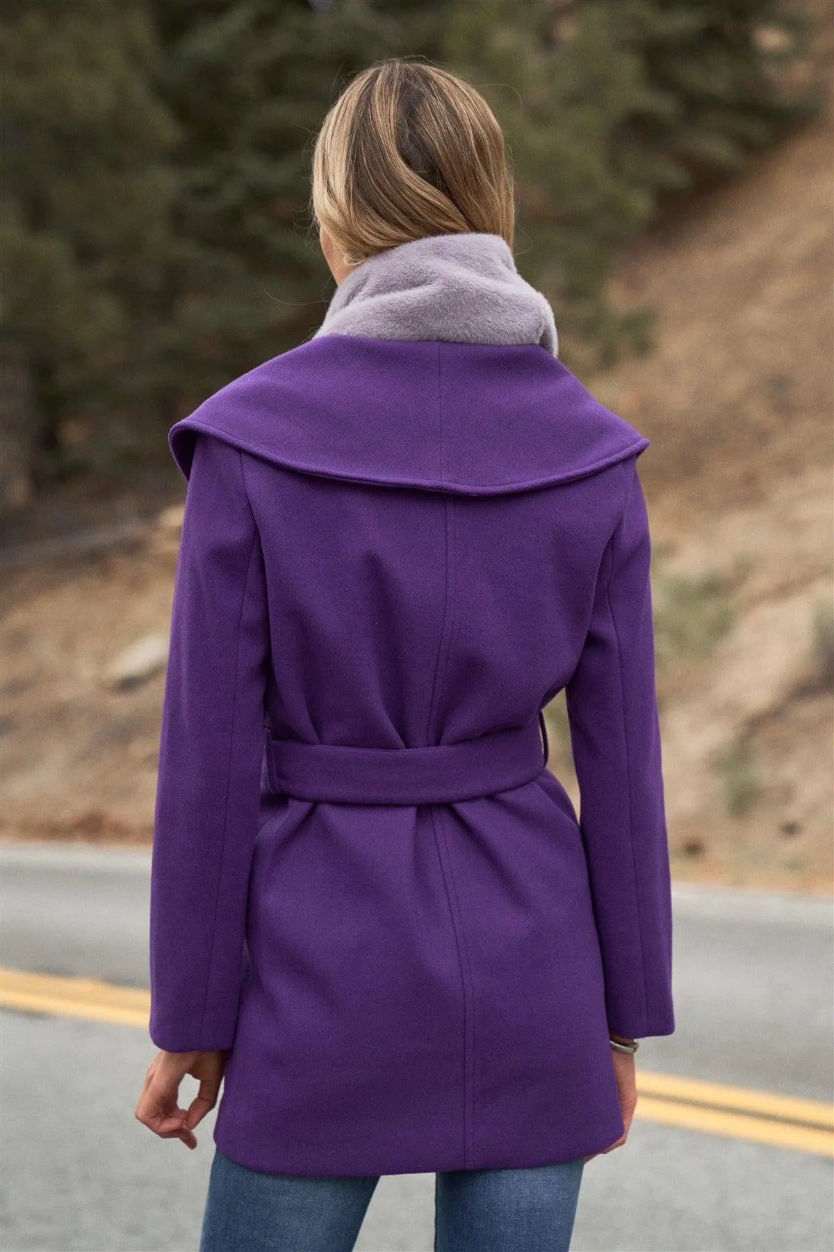 Purple Oversized Collar Long Sleeve Self-Belt Buckles Short Coat /2-2-2 - Tasha Apparel Wholesale