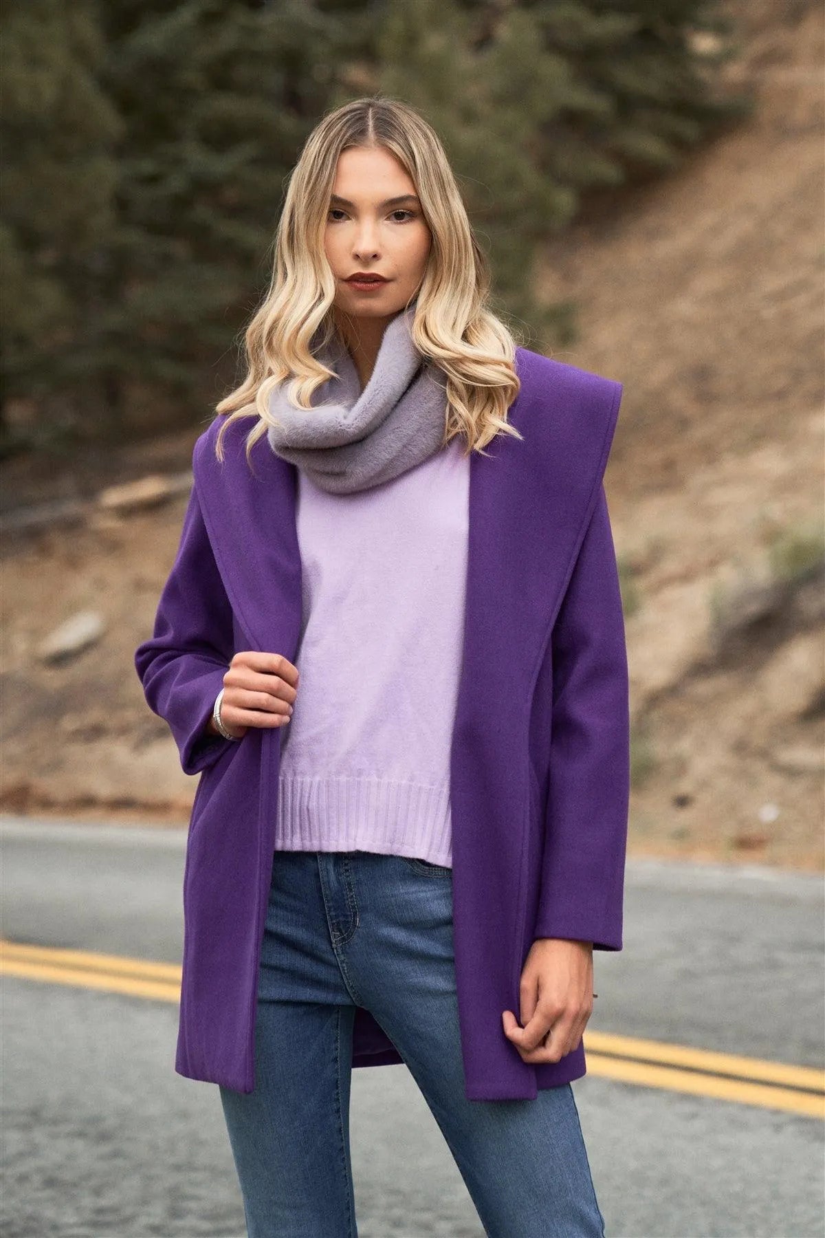 Purple Oversized Collar Long Sleeve Self-Belt Buckles Short Coat /2-2-2 - Tasha Apparel Wholesale