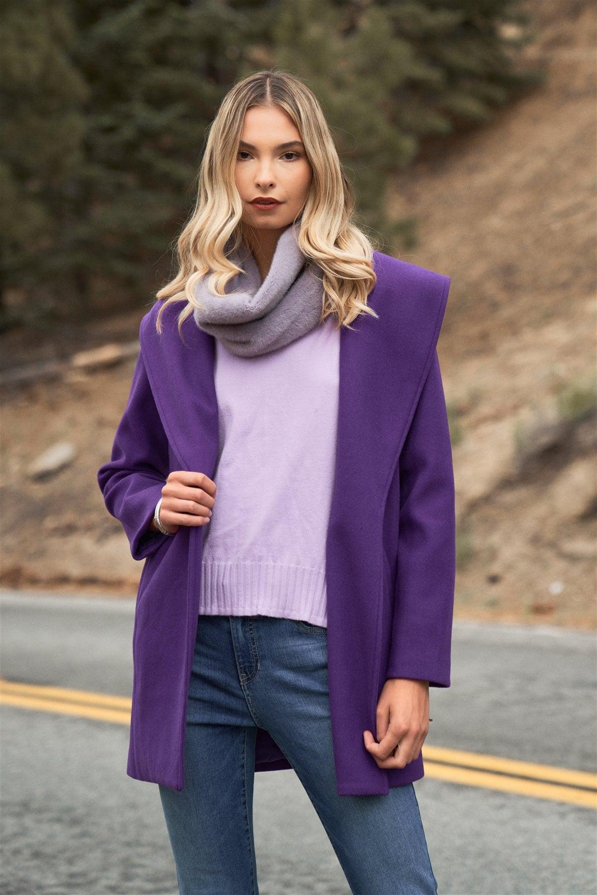 Purple Oversized Collar Long Sleeve Self-Belt Buckles Short Coat
