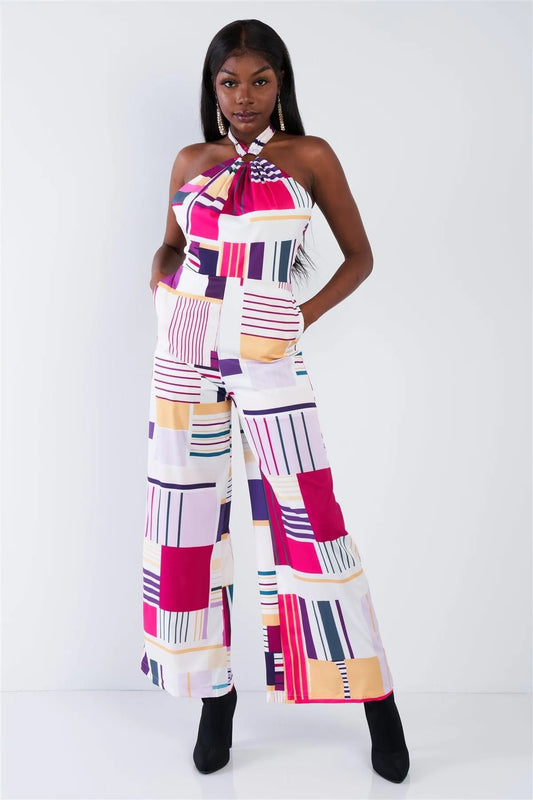 Purple Multi Halter Neck Self Tie Open Back Wide Leg Jumpsuit /1-2-2 - Tasha Apparel Wholesale