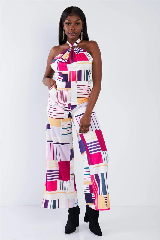 Purple Multi Halter Neck Self Tie Open Back Wide Leg Jumpsuit /2-2-2 - Tasha Apparel Wholesale