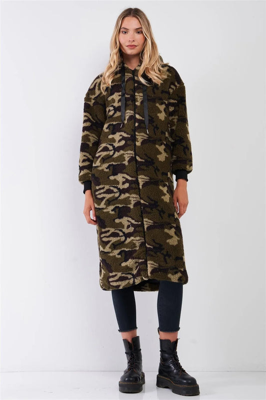 Green Camo Polar Fleece Zip-Up Front Fuzzy Midi Coat Jacket /1-2-2 - Tasha Apparel Wholesale