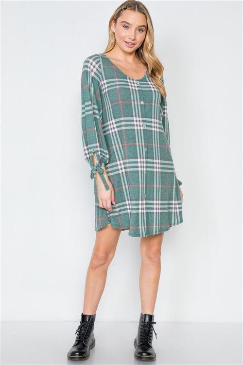 Green Plaid Casual Knit Button-Front Dress /2-1-2