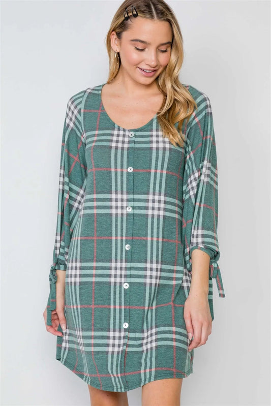 Green Plaid Casual Knit Button-Front Dress /2-2-2 - Tasha Apparel Wholesale