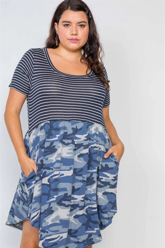 Junior Plus Size Combo Camo Blue Short Sleeve Knit Dress /2-2-2 - Tasha Apparel Wholesale