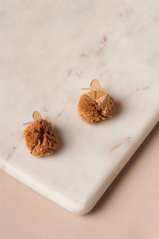 Brown Raffia Pom Pom Earrings /1 Pair - Tasha Apparel Wholesale
