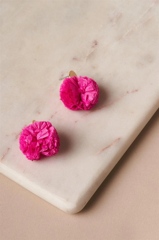 Fuchsia Raffia Pom Pom Earrings /1 Pair - Tasha Apparel Wholesale