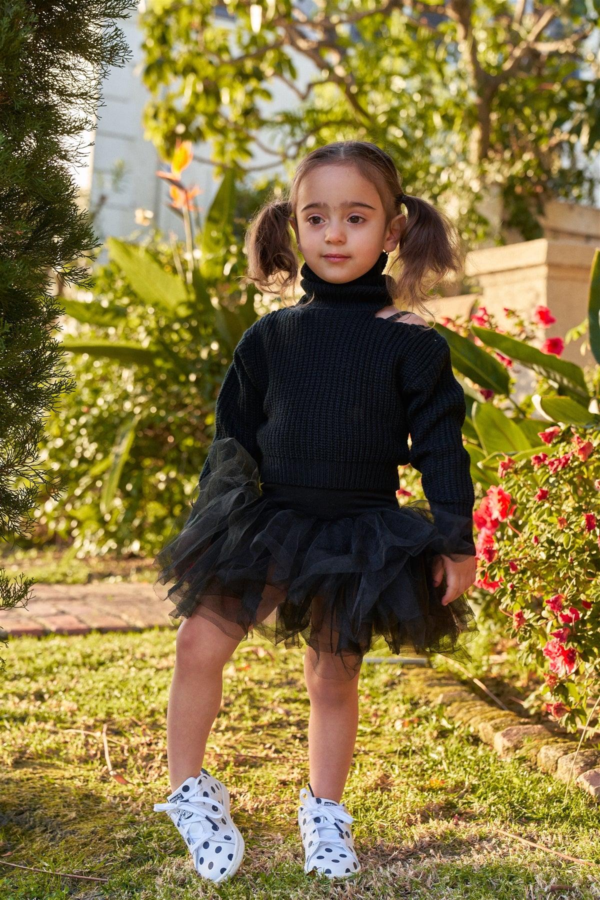 Girls Black Ribbed Knit Cut-Out Shoulder Detail Long Balloon-Y Sleeve Turtleneck Sweater /1-1-1-1-1