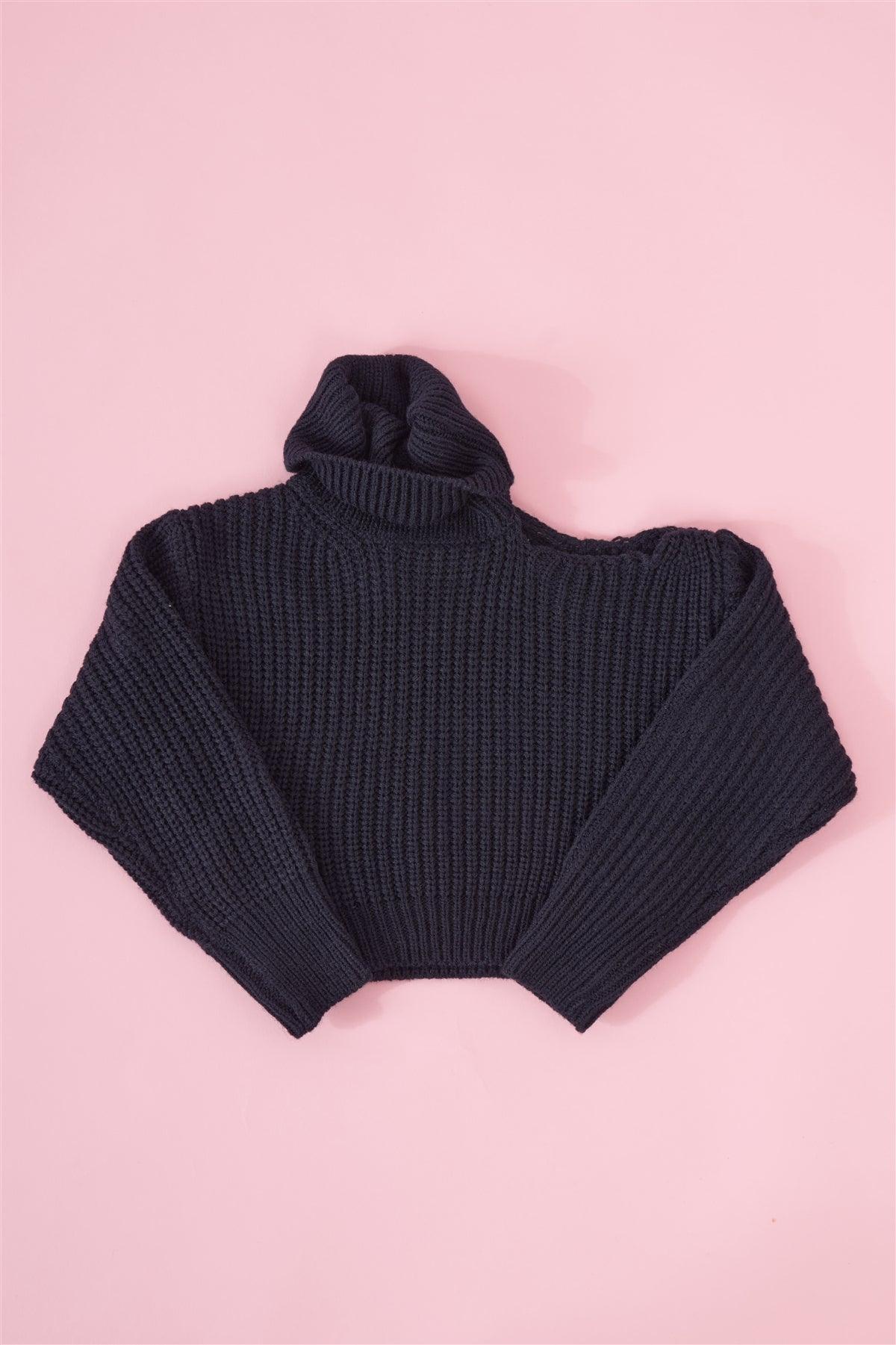 Girls Black Ribbed Knit Cut-Out Shoulder Detail Long Balloon-Y Sleeve Turtleneck Sweater /1-1-1-1-1