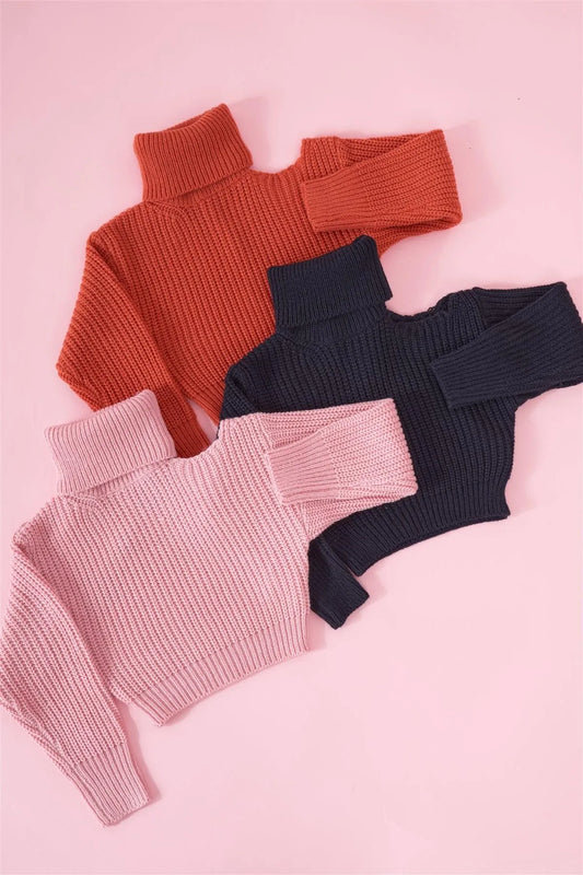 Girls Black Ribbed Knit Cut-Out Shoulder Detail Long Balloon-Y Sleeve Turtleneck Sweater /1-2-2-1-1 - Tasha Apparel Wholesale