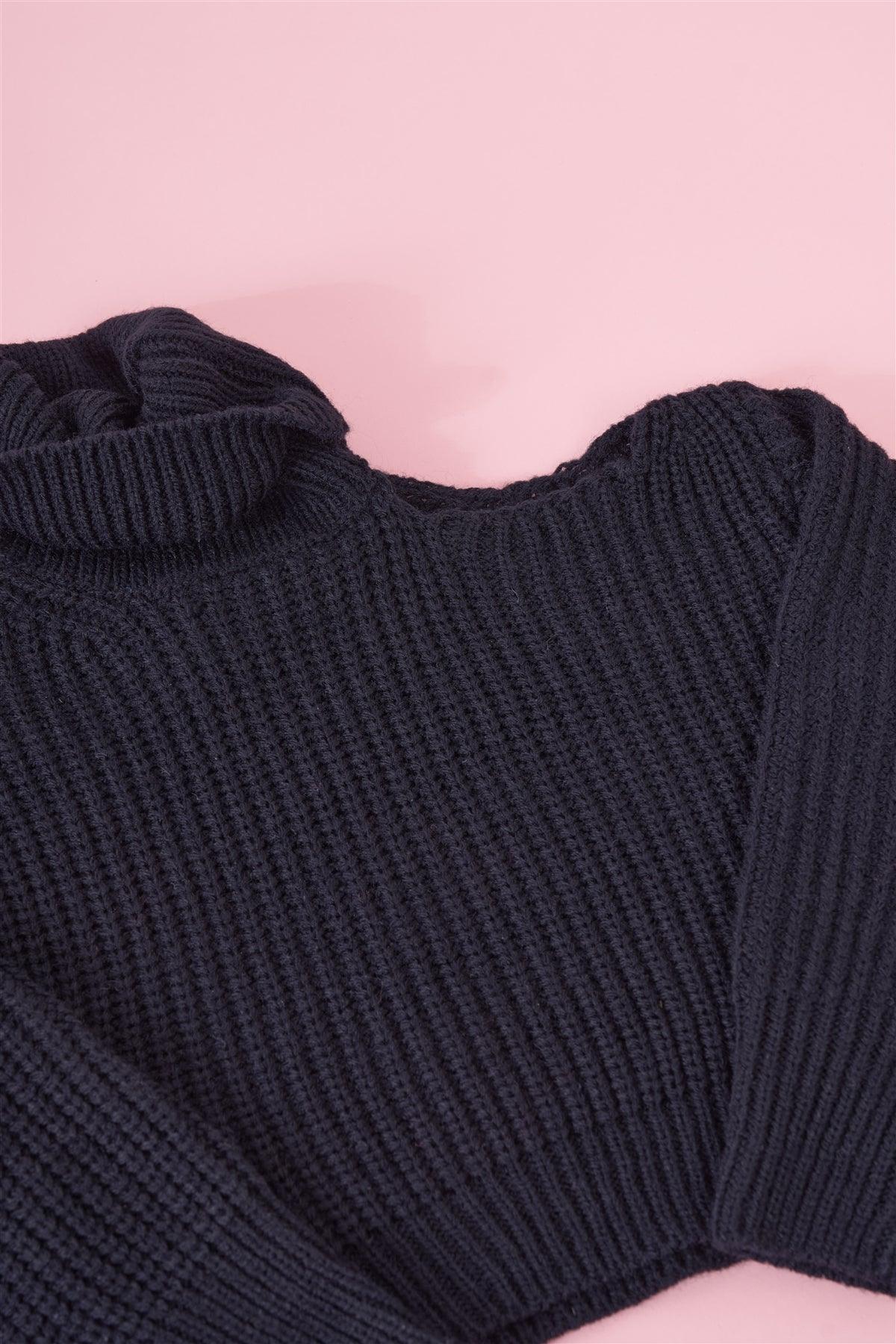 Girls Black Ribbed Knit Cut-Out Shoulder Detail Long Balloon-Y Sleeve Turtleneck Sweater /1-2-2-1-1