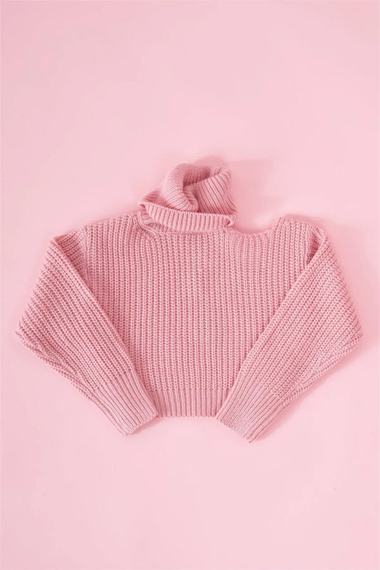 Girls Blush Pink Ribbed Knit Cut-Out Shoulder Detail Long Balloon-Y Sleeve Turtleneck Sweater /1-2-2-1-1 - Tasha Apparel Wholesale