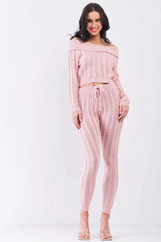 Mauve Woven Knit Off-The-Shoulder Crop Sweater Top & Self-Tie High Waist Skinny Pants Two-Piece Set - Tasha Apparel Wholesale