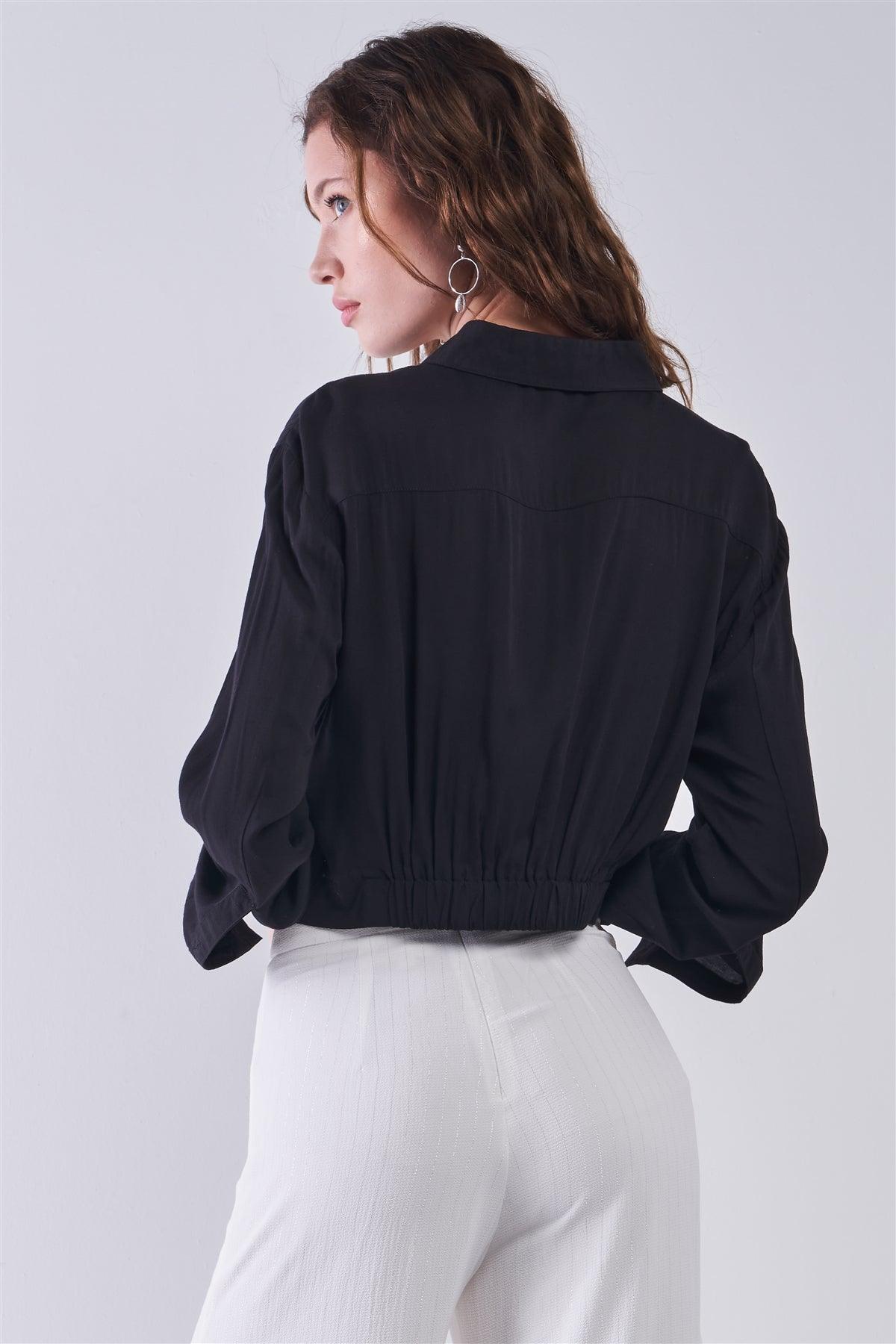 Black Long Sleeve Front Button Down Twist Detail Elasticated Back Shirt /3-2-1