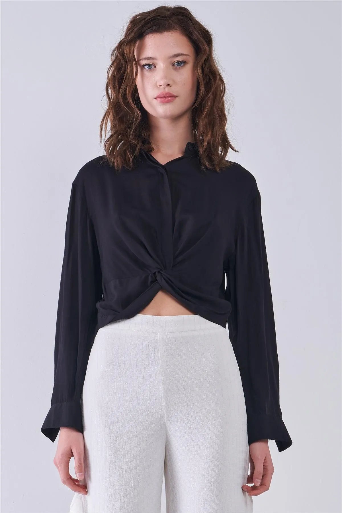 Black Long Sleeve Front Button Down Twist Detail Elasticated Back Shirt - Tasha Apparel Wholesale