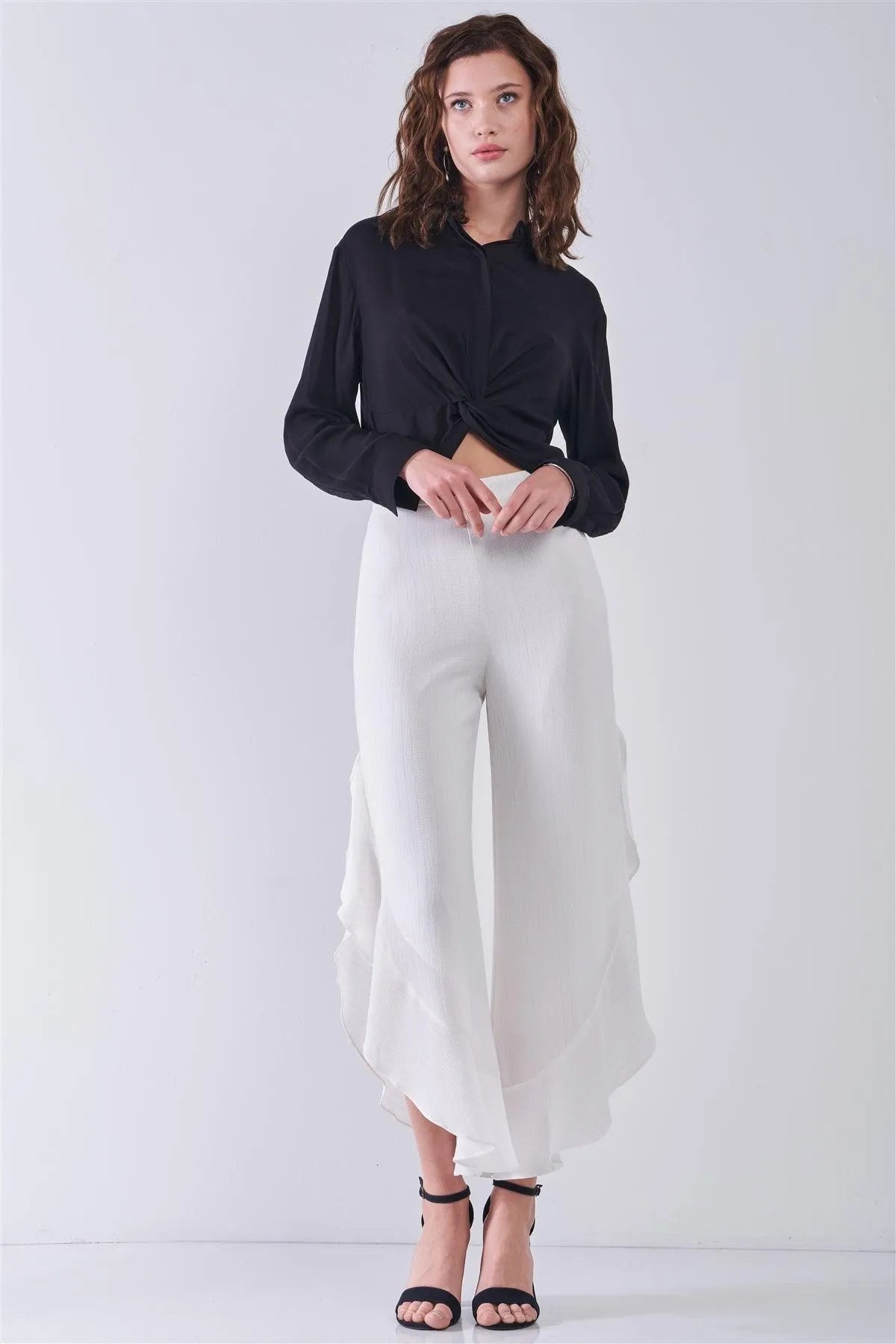 Black Long Sleeve Front Button Down Twist Detail Elasticated Back Shirt - Tasha Apparel Wholesale